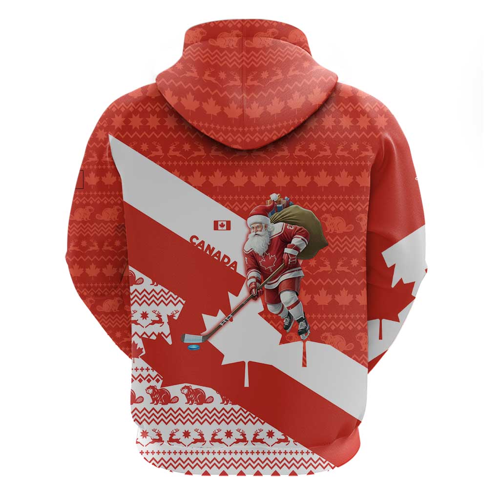 Canada Christmas Zip Hoodie with Santa Playing Hockey Maple Leaf Flag and Red White Knit Pattern Design - Wonder Print Shop