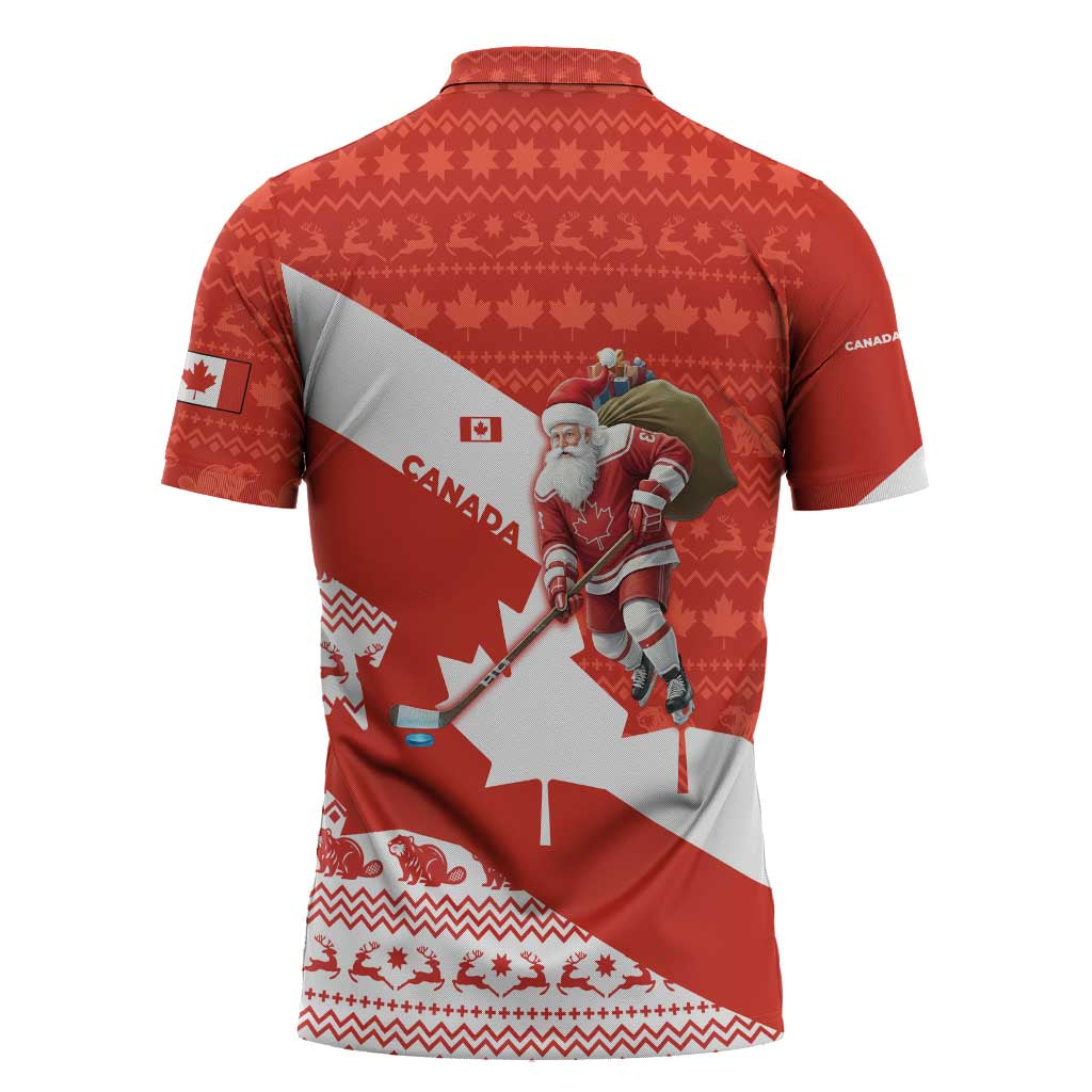 Canada Christmas Zipper Polo Shirt with Santa Playing Hockey Maple Leaf Flag and Red White Knit Pattern Design - Wonder Print Shop