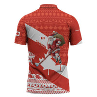 Canada Christmas Zipper Polo Shirt with Santa Playing Hockey Maple Leaf Flag and Red White Knit Pattern Design - Wonder Print Shop