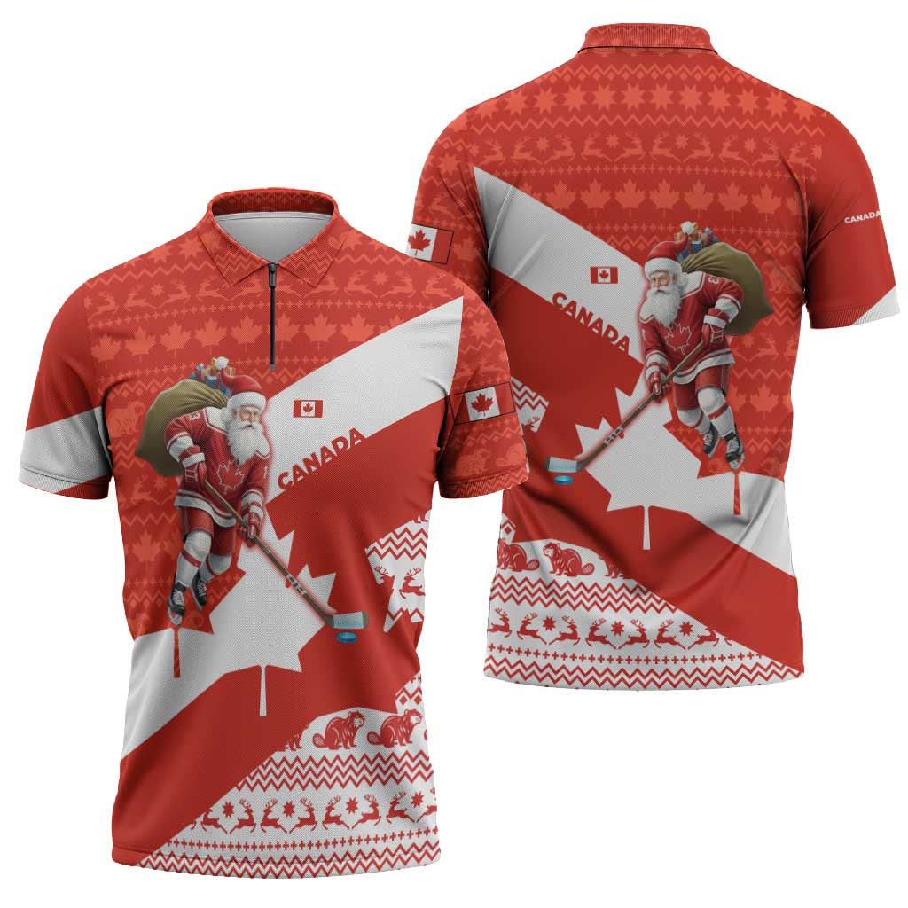 Canada Christmas Zipper Polo Shirt with Santa Playing Hockey Maple Leaf Flag and Red White Knit Pattern Design - Wonder Print Shop