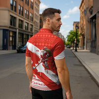 Canada Christmas Zipper Polo Shirt with Santa Playing Hockey Maple Leaf Flag and Red White Knit Pattern Design - Wonder Print Shop