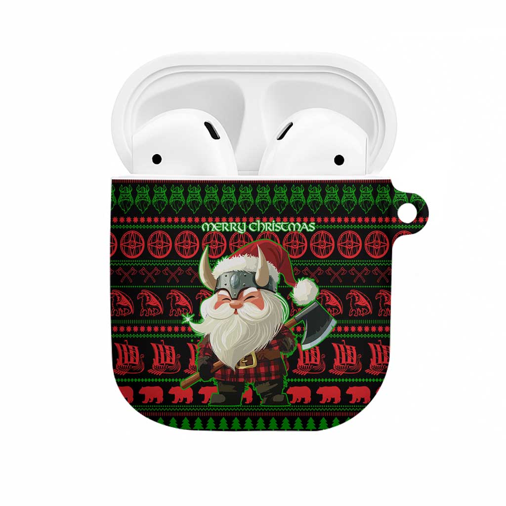 Viking Christmas AirPods Case with Santa Warrior Axe Nordic Symbols Red Green Black Knit Pattern Design - Wonder Print Shop