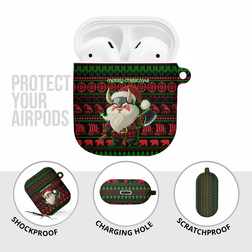Viking Christmas AirPods Case with Santa Warrior Axe Nordic Symbols Red Green Black Knit Pattern Design - Wonder Print Shop