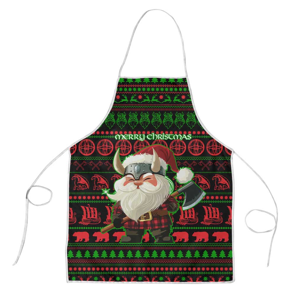 Viking Christmas Apron with Santa Warrior Axe Nordic Symbols Red Green Black Knit Pattern Design - Wonder Print Shop