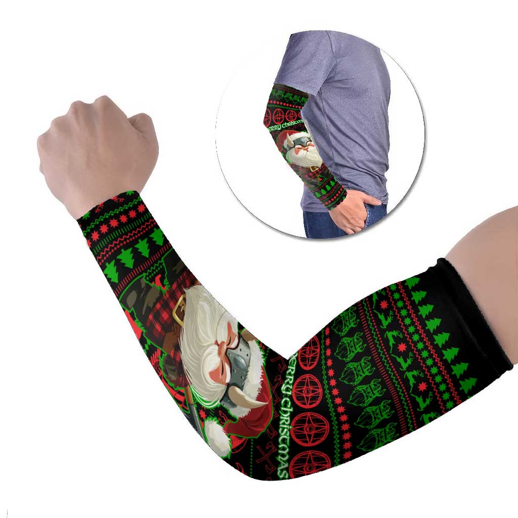 Viking Christmas Arm Sleeves with Santa Warrior Axe Nordic Symbols Red Green Black Knit Pattern Design - Wonder Print Shop