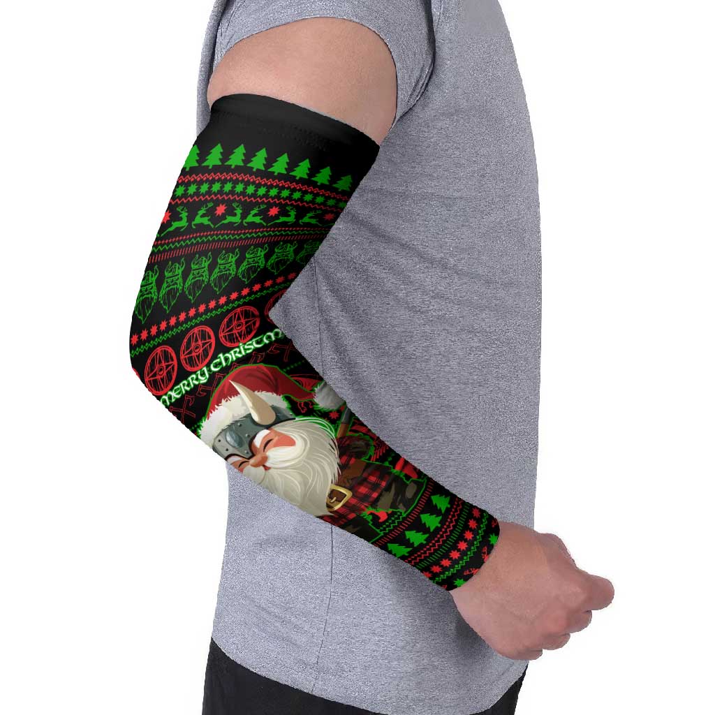 Viking Christmas Arm Sleeves with Santa Warrior Axe Nordic Symbols Red Green Black Knit Pattern Design - Wonder Print Shop