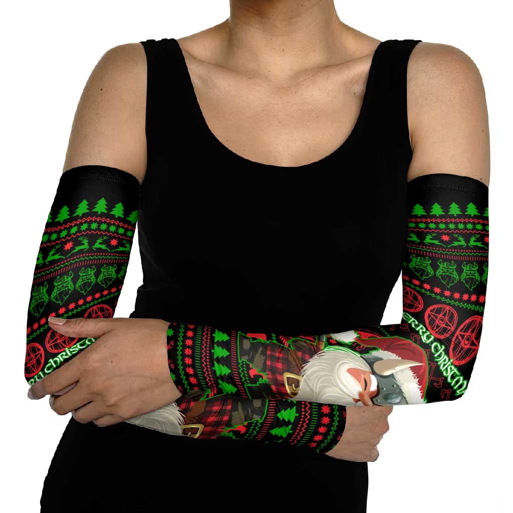 Viking Christmas Arm Sleeves with Santa Warrior Axe Nordic Symbols Red Green Black Knit Pattern Design - Wonder Print Shop