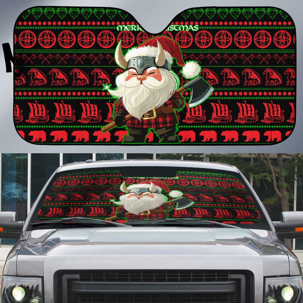 Viking Christmas Auto Sun Shade with Santa Warrior Axe Nordic Symbols Red Green Black Knit Pattern Design - Wonder Print Shop
