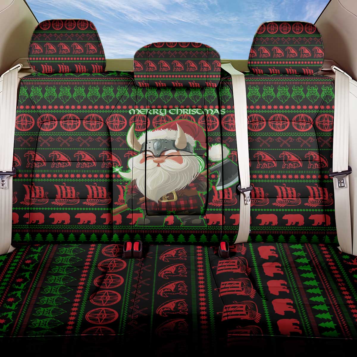 Viking Christmas Back Car Seat Cover with Santa Warrior Axe Nordic Symbols Red Green Black Knit Pattern Design - Wonder Print Shop