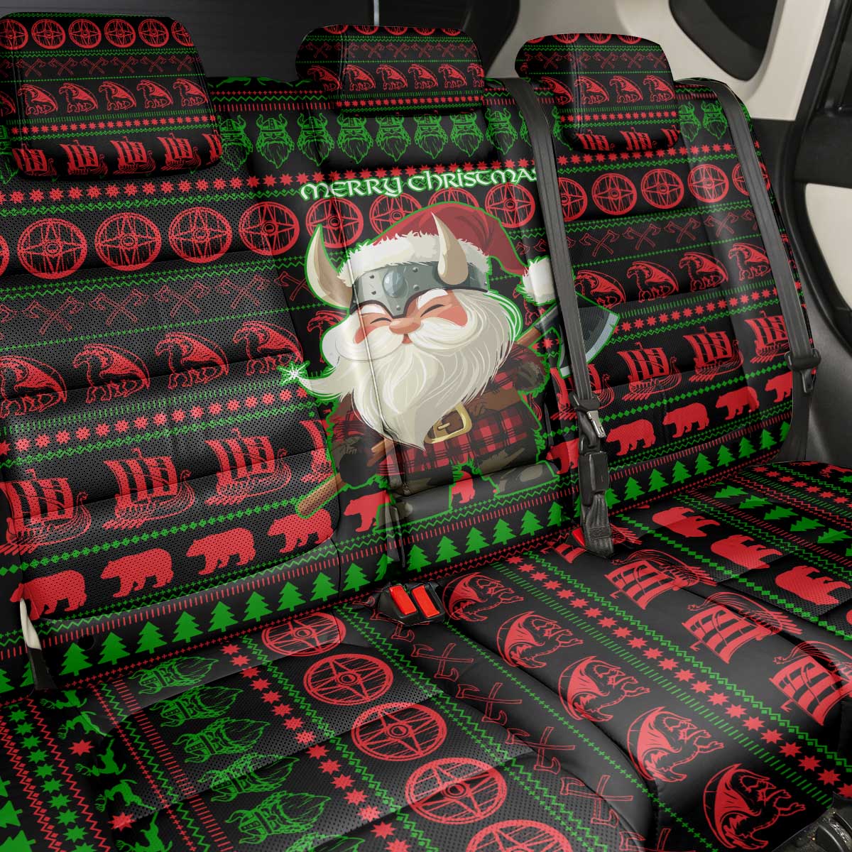 Viking Christmas Back Car Seat Cover with Santa Warrior Axe Nordic Symbols Red Green Black Knit Pattern Design - Wonder Print Shop