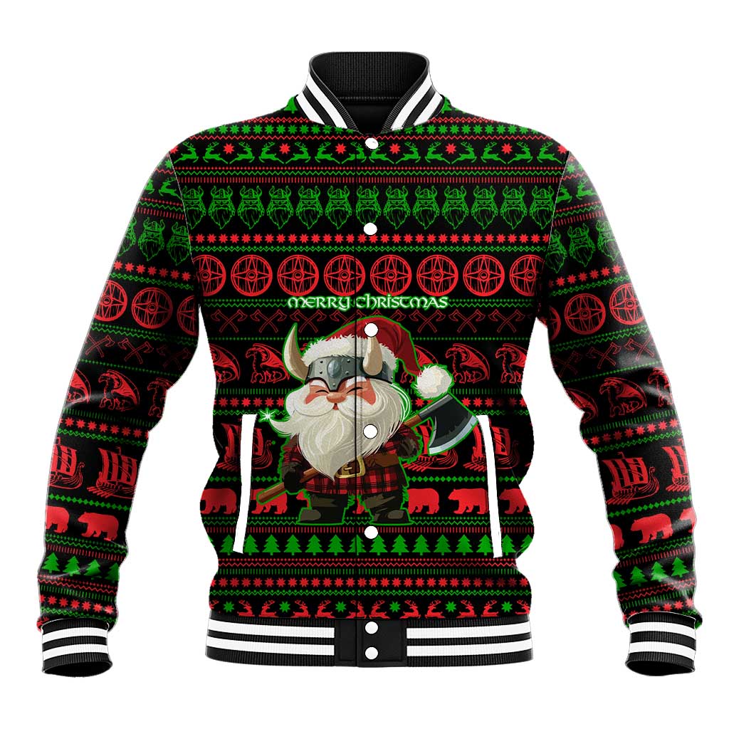Viking Christmas Baseball Jacket with Santa Warrior Axe Nordic Symbols Red Green Black Knit Pattern Design - Wonder Print Shop