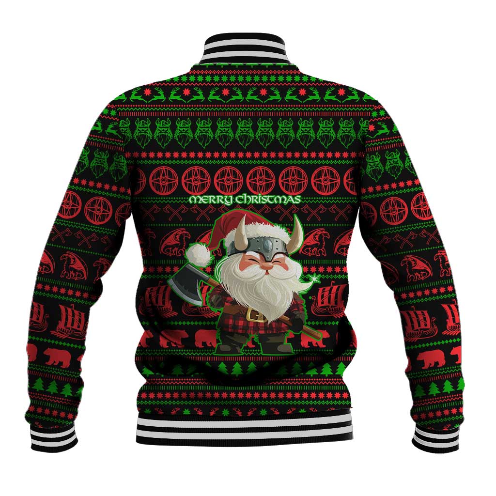 Viking Christmas Baseball Jacket with Santa Warrior Axe Nordic Symbols Red Green Black Knit Pattern Design - Wonder Print Shop