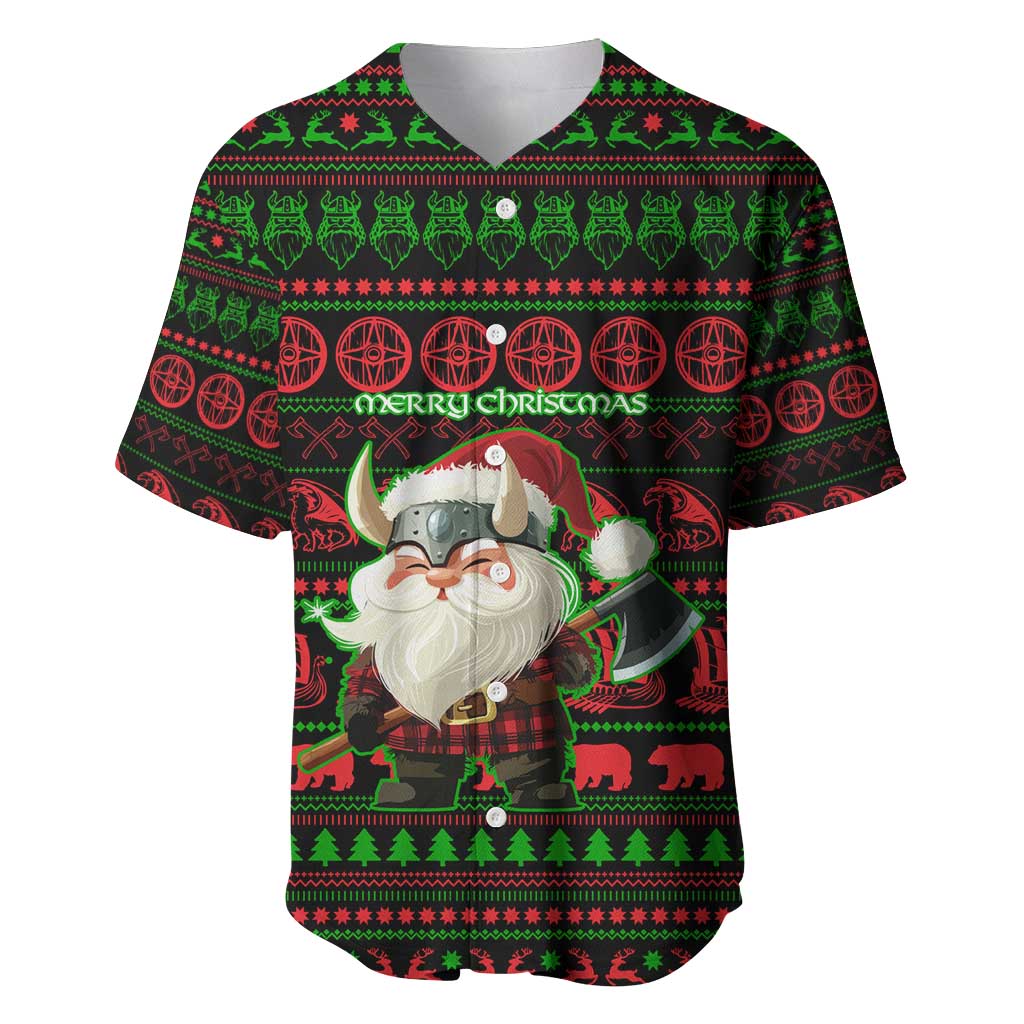 Viking Christmas Baseball Jersey with Santa Warrior Axe Nordic Symbols Red Green Black Knit Pattern Design - Wonder Print Shop