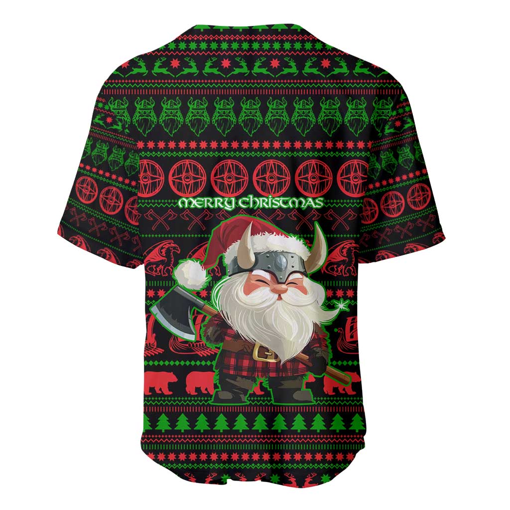 Viking Christmas Baseball Jersey with Santa Warrior Axe Nordic Symbols Red Green Black Knit Pattern Design - Wonder Print Shop