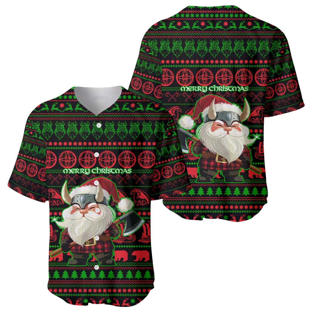 Viking Christmas Baseball Jersey with Santa Warrior Axe Nordic Symbols Red Green Black Knit Pattern Design - Wonder Print Shop