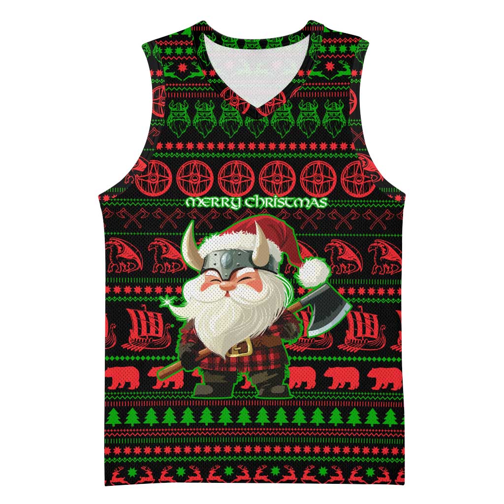 Viking Christmas Basketball Jersey with Santa Warrior Axe Nordic Symbols Red Green Black Knit Pattern Design - Wonder Print Shop