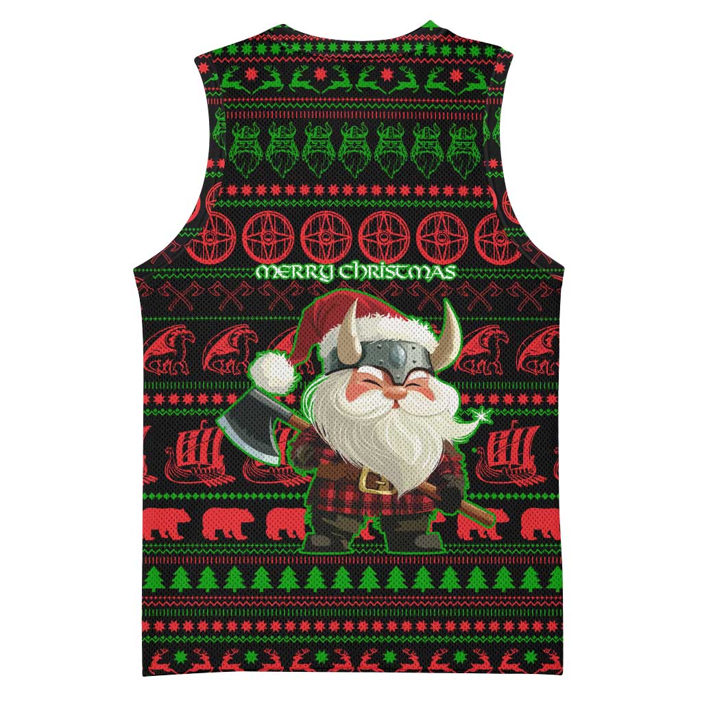 Viking Christmas Basketball Jersey with Santa Warrior Axe Nordic Symbols Red Green Black Knit Pattern Design - Wonder Print Shop