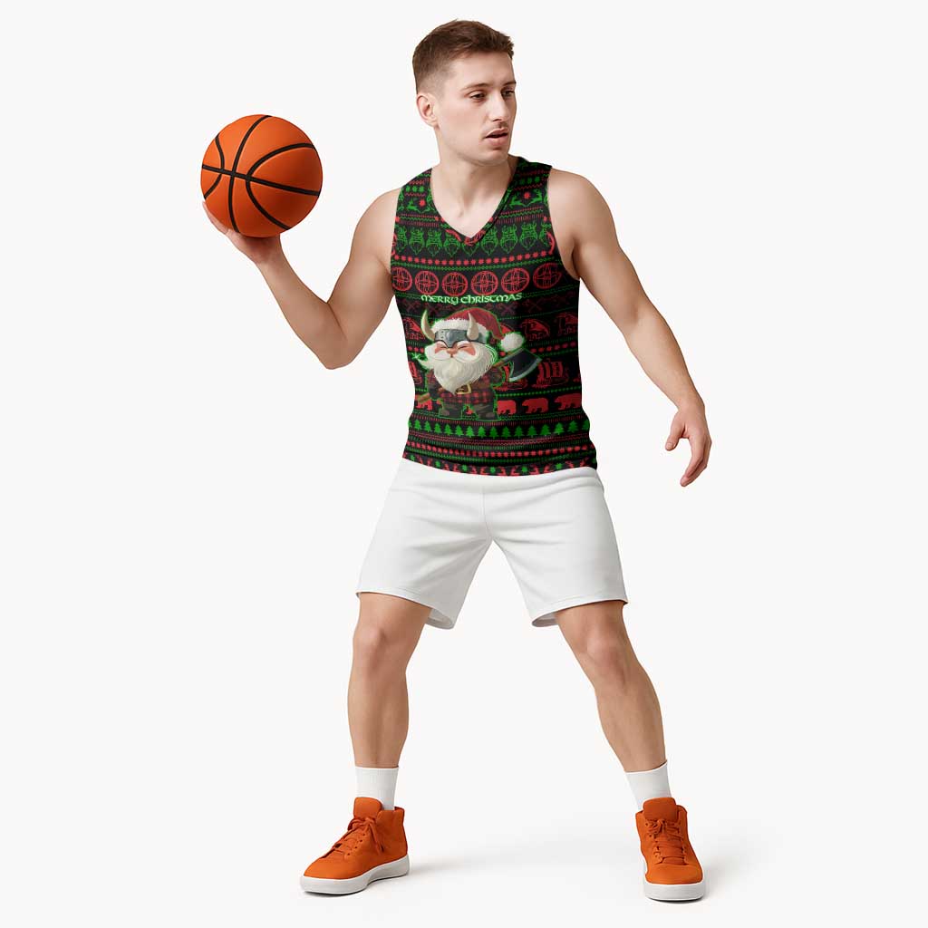 Viking Christmas Basketball Jersey with Santa Warrior Axe Nordic Symbols Red Green Black Knit Pattern Design - Wonder Print Shop