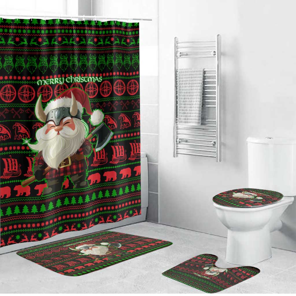 Viking Christmas Bathroom Set with Santa Warrior Axe Nordic Symbols Red Green Black Knit Pattern Design - Wonder Print Shop