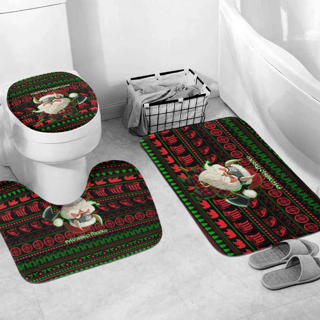 Viking Christmas Bathroom Set with Santa Warrior Axe Nordic Symbols Red Green Black Knit Pattern Design - Wonder Print Shop