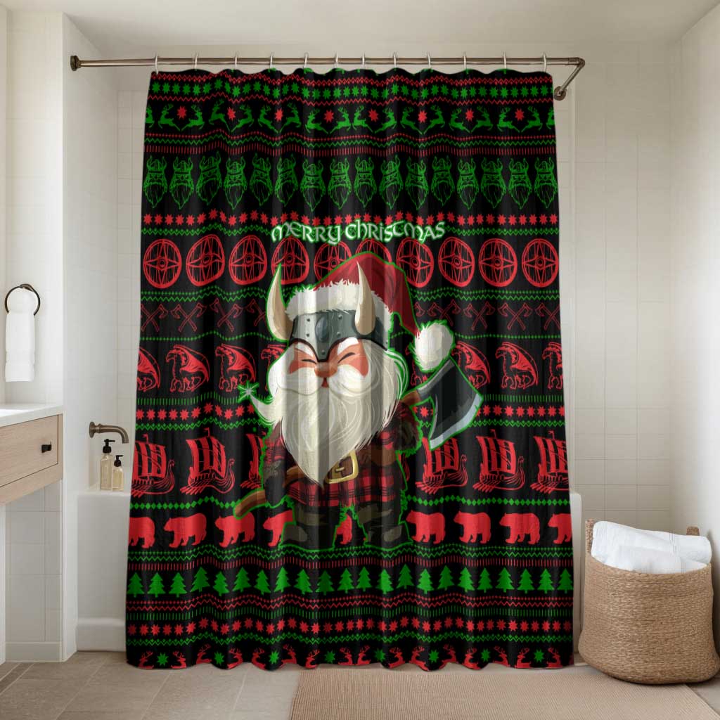 Viking Christmas Bathroom Set with Santa Warrior Axe Nordic Symbols Red Green Black Knit Pattern Design - Wonder Print Shop