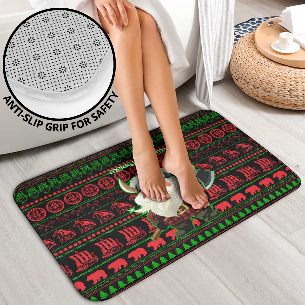 Viking Christmas Bathroom Set with Santa Warrior Axe Nordic Symbols Red Green Black Knit Pattern Design - Wonder Print Shop