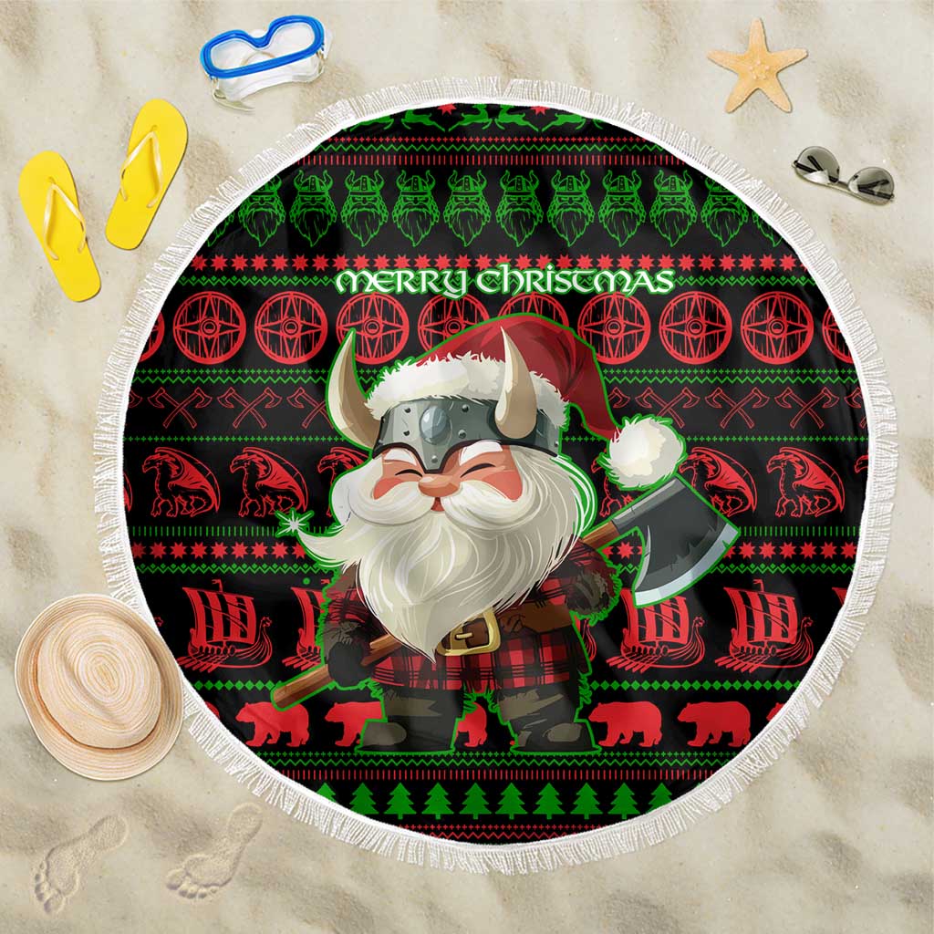 Viking Christmas Beach Blanket with Santa Warrior Axe Nordic Symbols Red Green Black Knit Pattern Design - Wonder Print Shop