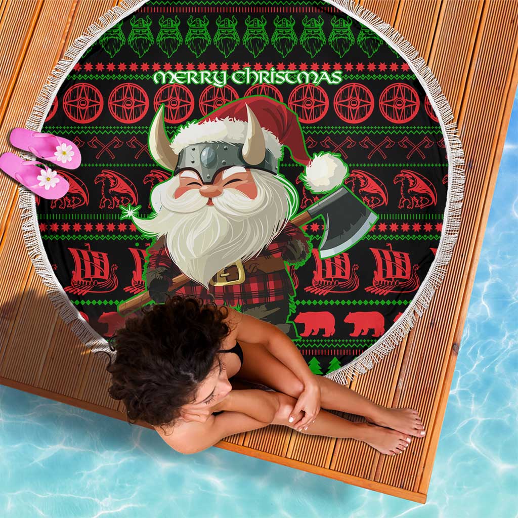 Viking Christmas Beach Blanket with Santa Warrior Axe Nordic Symbols Red Green Black Knit Pattern Design - Wonder Print Shop