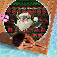 Viking Christmas Beach Blanket with Santa Warrior Axe Nordic Symbols Red Green Black Knit Pattern Design - Wonder Print Shop