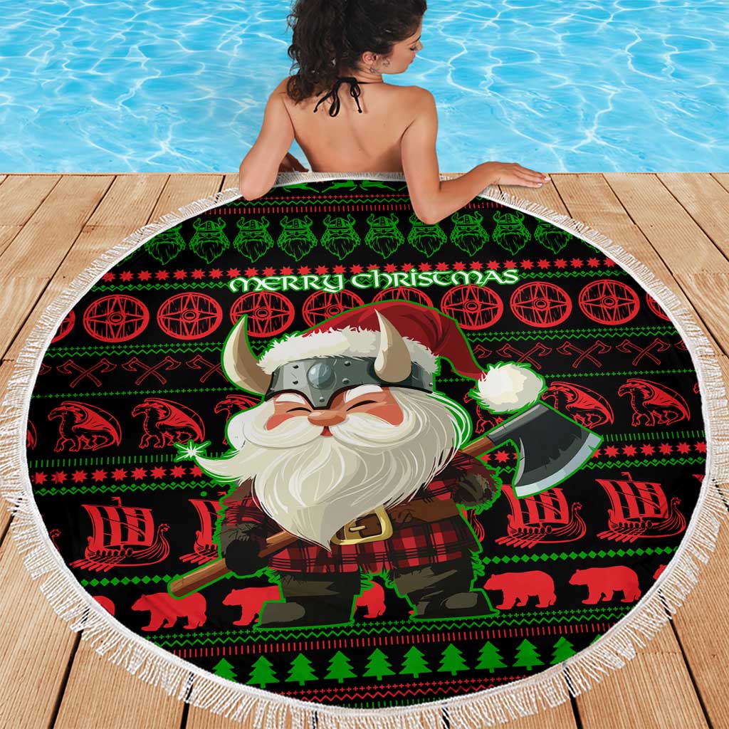 Viking Christmas Beach Blanket with Santa Warrior Axe Nordic Symbols Red Green Black Knit Pattern Design - Wonder Print Shop
