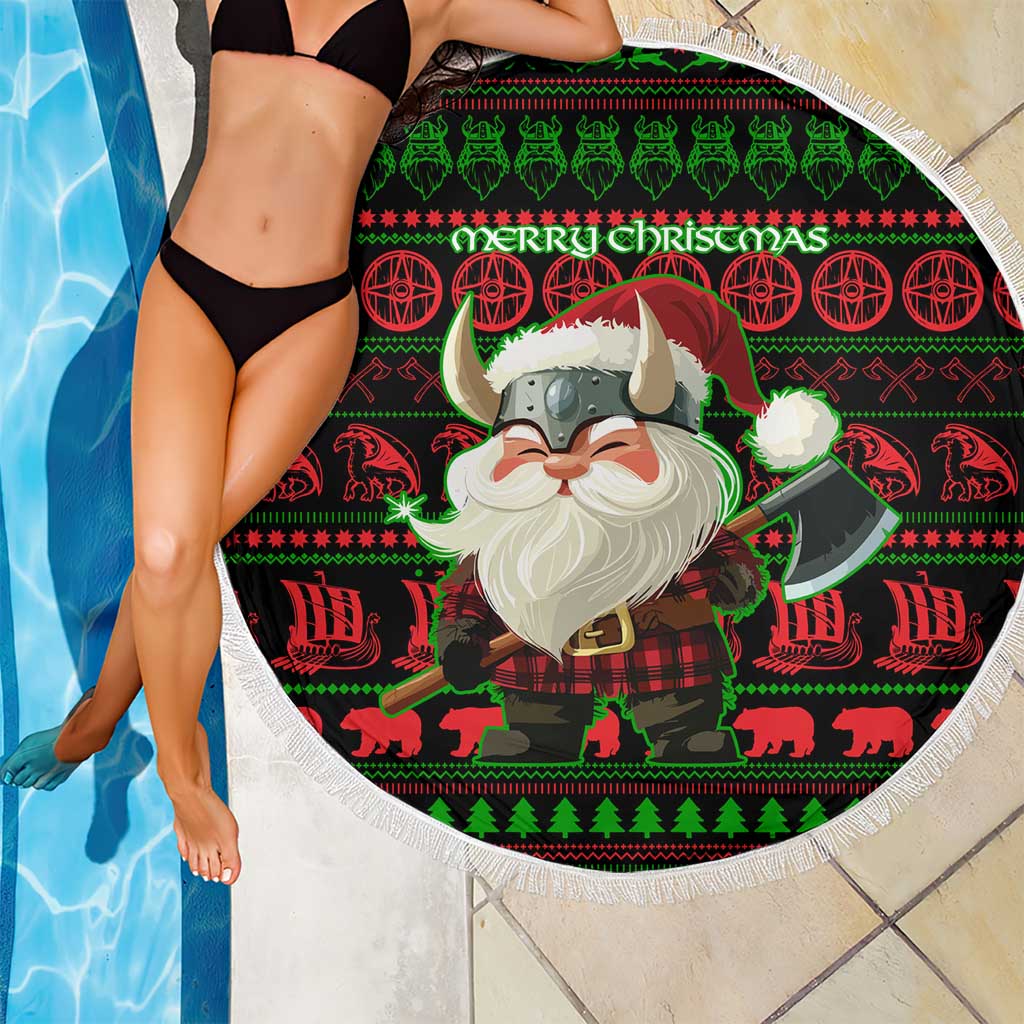 Viking Christmas Beach Blanket with Santa Warrior Axe Nordic Symbols Red Green Black Knit Pattern Design - Wonder Print Shop