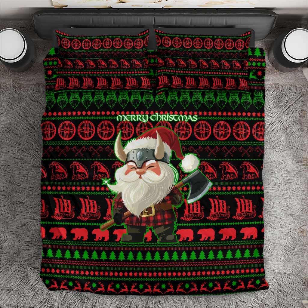 Viking Christmas Bedding Set with Santa Warrior Axe Nordic Symbols Red Green Black Knit Pattern Design - Wonder Print Shop