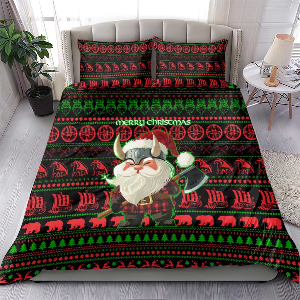 Viking Christmas Bedding Set with Santa Warrior Axe Nordic Symbols Red Green Black Knit Pattern Design - Wonder Print Shop