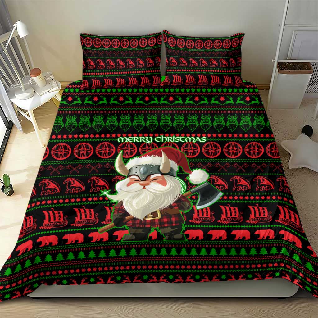 Viking Christmas Bedding Set with Santa Warrior Axe Nordic Symbols Red Green Black Knit Pattern Design - Wonder Print Shop
