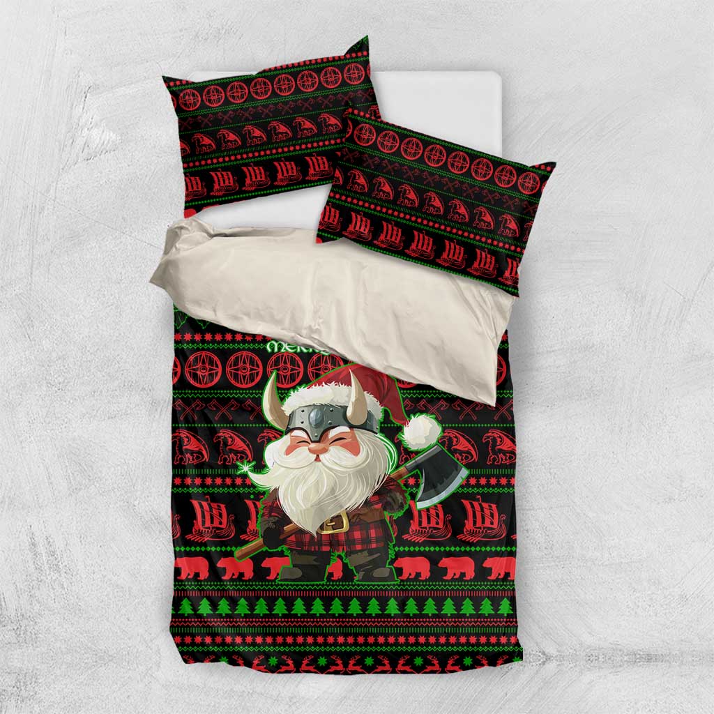 Viking Christmas Bedding Set with Santa Warrior Axe Nordic Symbols Red Green Black Knit Pattern Design - Wonder Print Shop