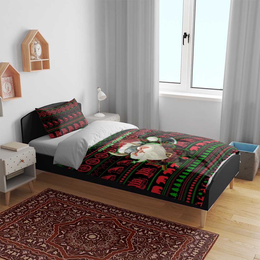 Viking Christmas Bedding Set with Santa Warrior Axe Nordic Symbols Red Green Black Knit Pattern Design - Wonder Print Shop