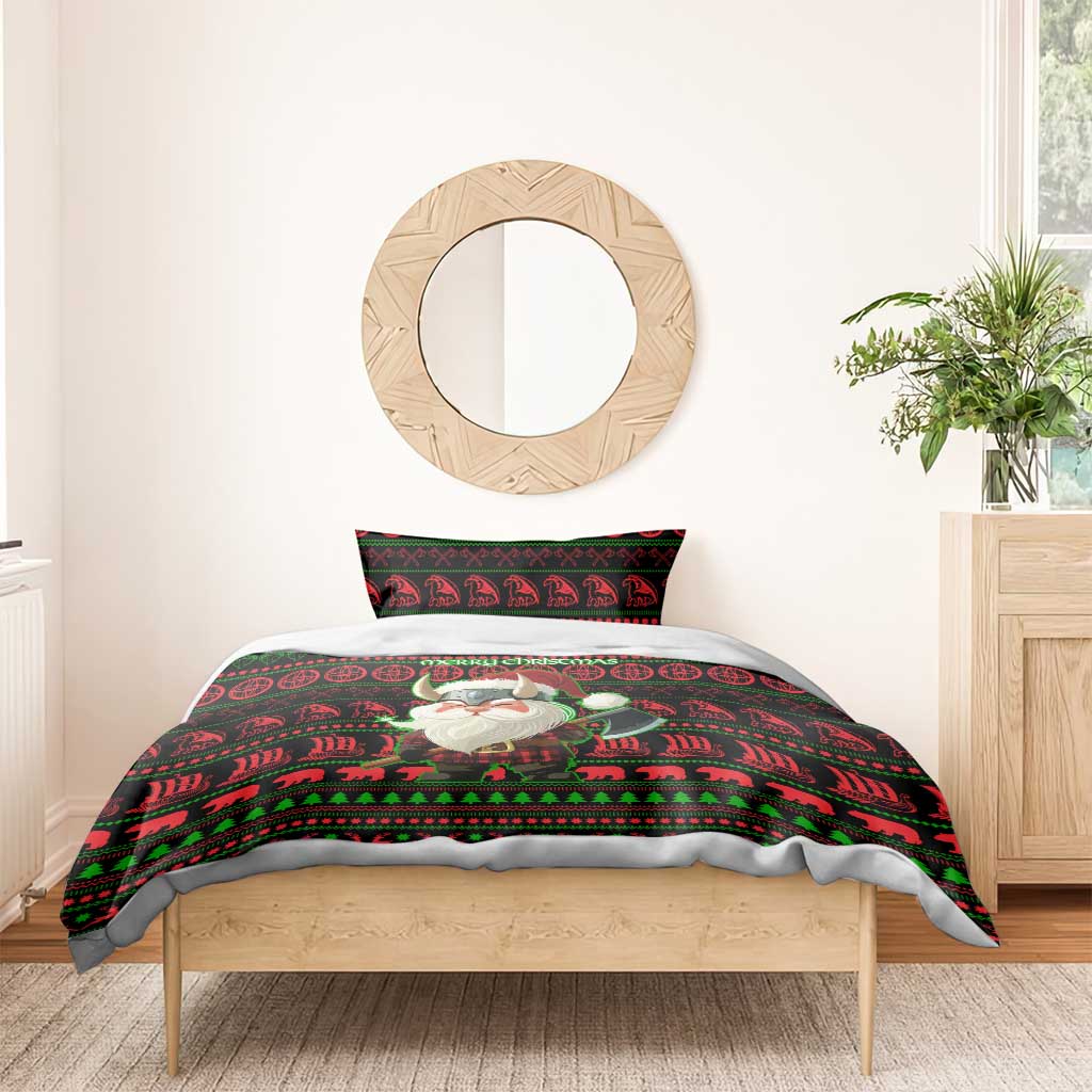 Viking Christmas Bedding Set with Santa Warrior Axe Nordic Symbols Red Green Black Knit Pattern Design - Wonder Print Shop