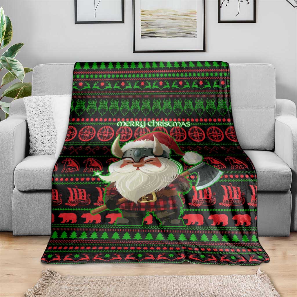 Viking Christmas Blanket with Santa Warrior Axe Nordic Symbols Red Green Black Knit Pattern Design - Wonder Print Shop
