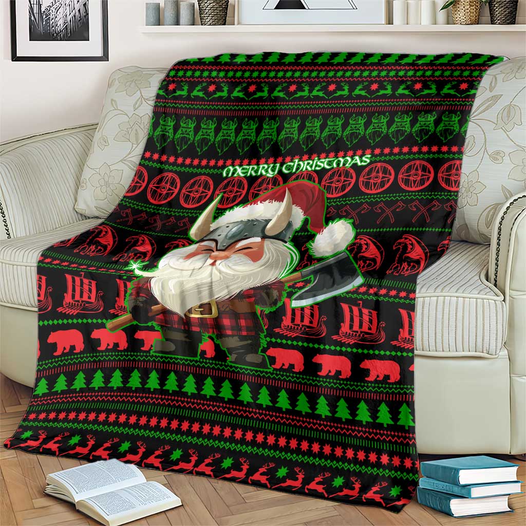 Viking Christmas Blanket with Santa Warrior Axe Nordic Symbols Red Green Black Knit Pattern Design - Wonder Print Shop