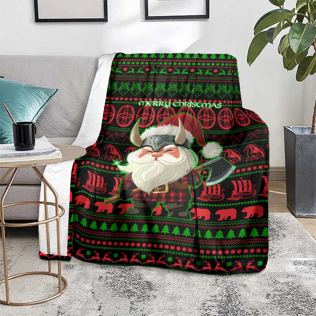 Viking Christmas Blanket with Santa Warrior Axe Nordic Symbols Red Green Black Knit Pattern Design - Wonder Print Shop