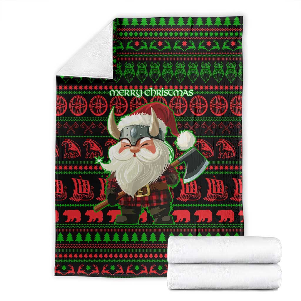 Viking Christmas Blanket with Santa Warrior Axe Nordic Symbols Red Green Black Knit Pattern Design - Wonder Print Shop