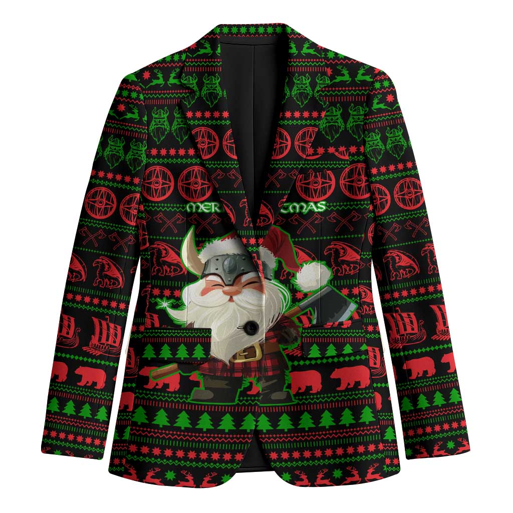 Viking Christmas Blazer with Santa Warrior Axe Nordic Symbols Red Green Black Knit Pattern Design - Wonder Print Shop