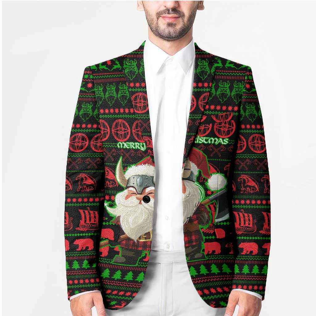 Viking Christmas Blazer with Santa Warrior Axe Nordic Symbols Red Green Black Knit Pattern Design - Wonder Print Shop