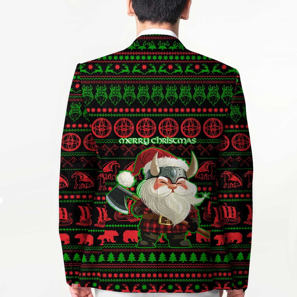 Viking Christmas Blazer with Santa Warrior Axe Nordic Symbols Red Green Black Knit Pattern Design - Wonder Print Shop