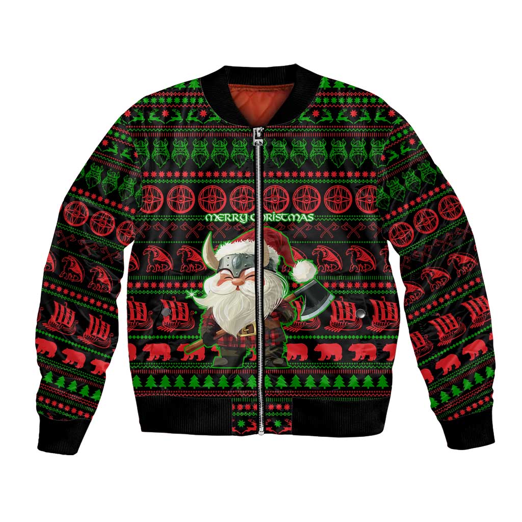 Viking Christmas Bomber Jacket with Santa Warrior Axe Nordic Symbols Red Green Black Knit Pattern Design - Wonder Print Shop