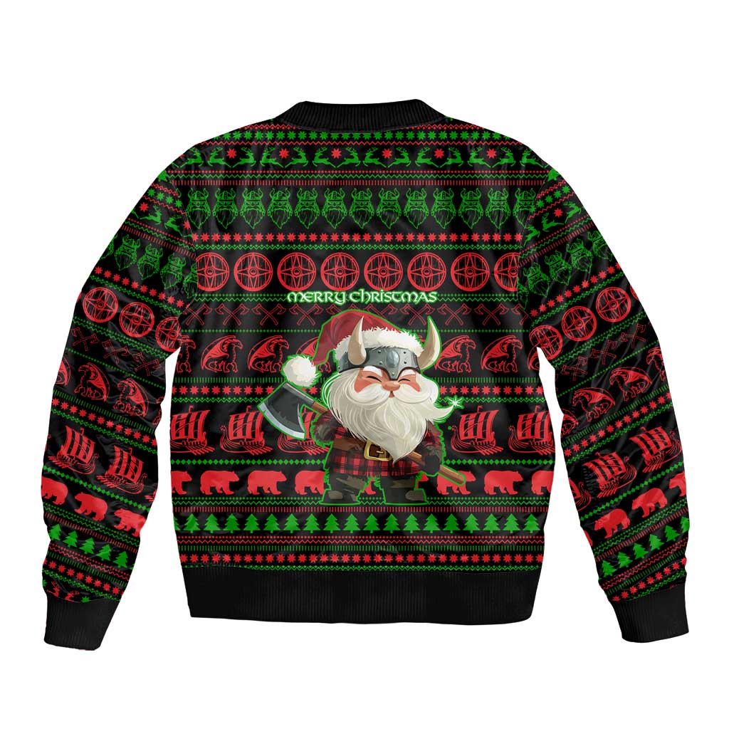 Viking Christmas Bomber Jacket with Santa Warrior Axe Nordic Symbols Red Green Black Knit Pattern Design - Wonder Print Shop