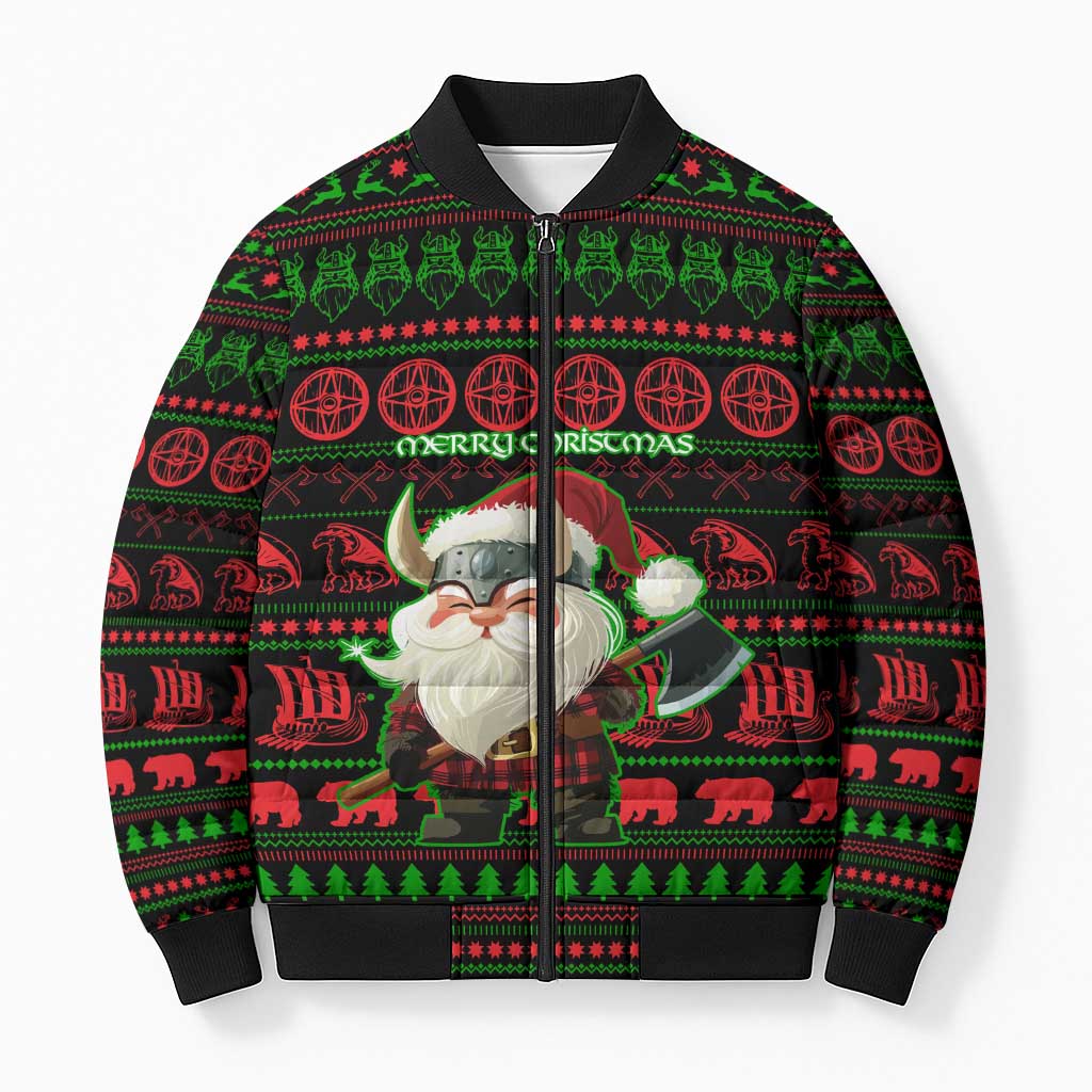 Viking Christmas Bomber Puffer Jacket with Santa Warrior Axe Nordic Symbols Red Green Black Knit Pattern Design - Wonder Print Shop