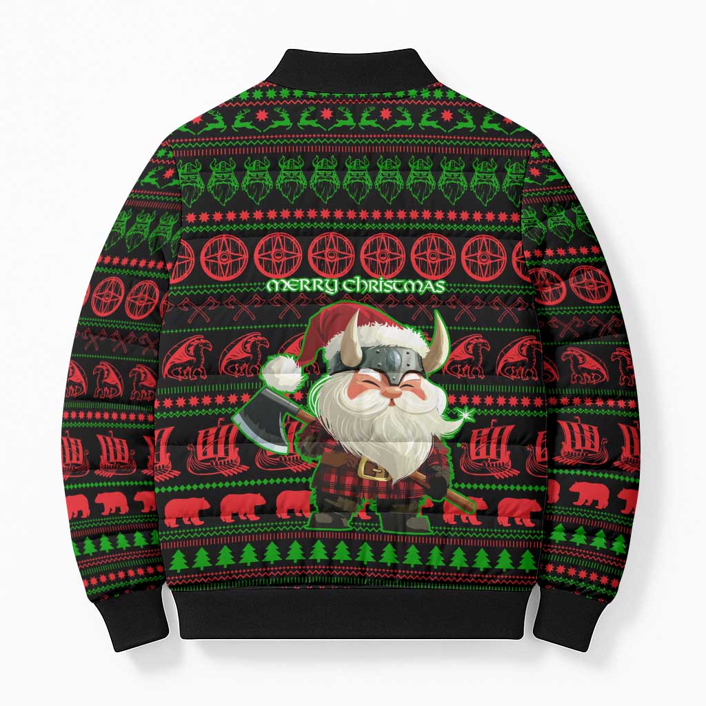 Viking Christmas Bomber Puffer Jacket with Santa Warrior Axe Nordic Symbols Red Green Black Knit Pattern Design - Wonder Print Shop