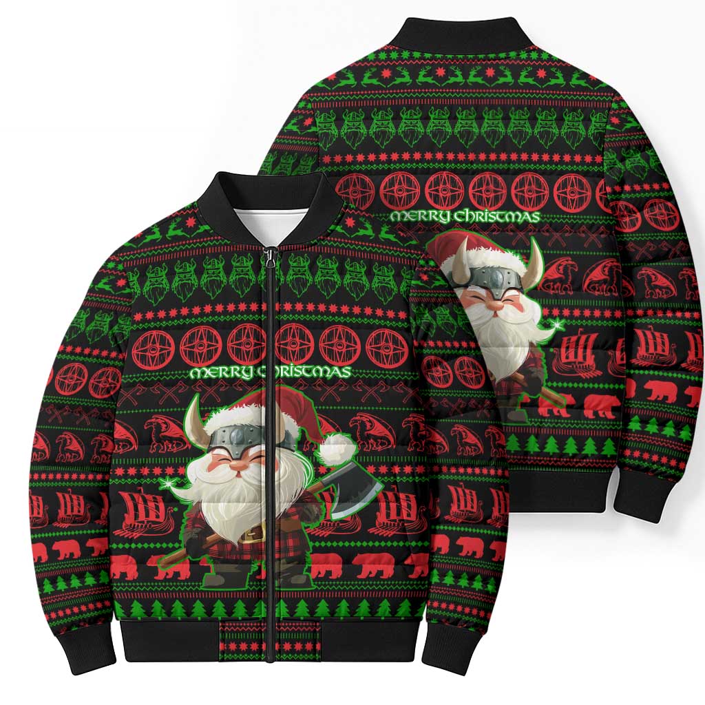 Viking Christmas Bomber Puffer Jacket with Santa Warrior Axe Nordic Symbols Red Green Black Knit Pattern Design - Wonder Print Shop