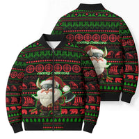 Viking Christmas Bomber Puffer Jacket with Santa Warrior Axe Nordic Symbols Red Green Black Knit Pattern Design - Wonder Print Shop